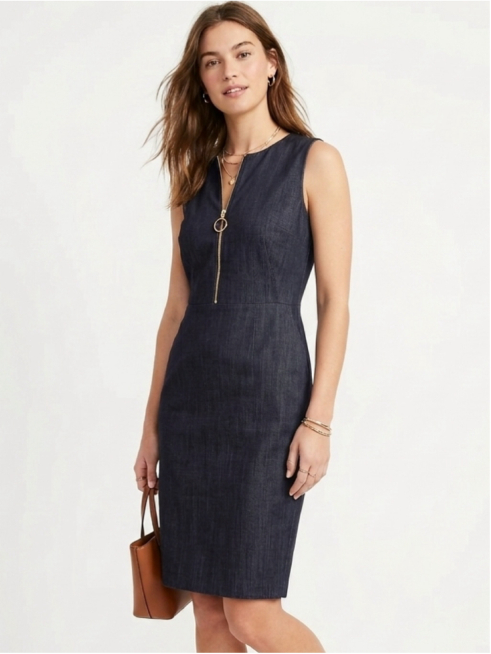 Calvin Klein Heather Gray Sleeveless Sheath Dress Gold Ring Zip Front Size 8-842